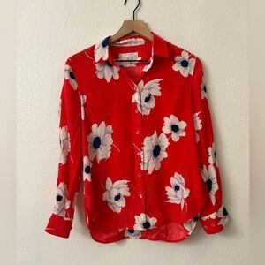 Equipment Femme Women's xSmall Red Floral Silk Button Down Blouse Top